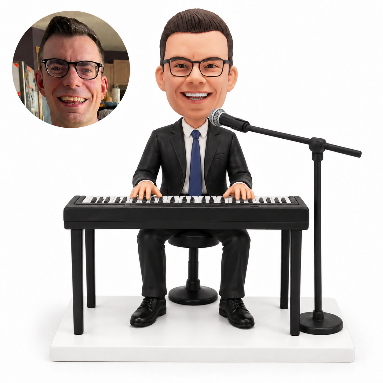custom bobblehead figure male musician in a suit seated at a keyboard with a microphone