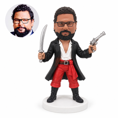 custom bobblehead figure pirate in a long black coat holding two miniature props