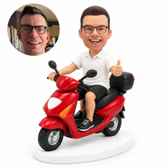 custom bobblehead figure male rider in shorts giving a thumbs up on a scooter