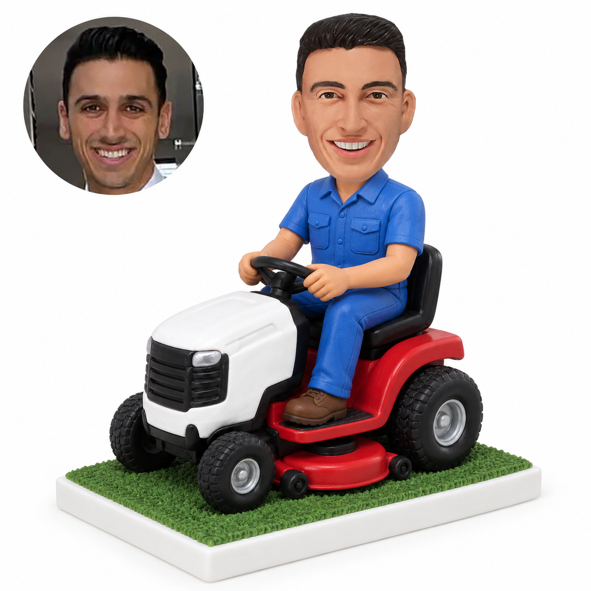 custom bobblehead figure male worker in trousers driving a ride-on lawn mower