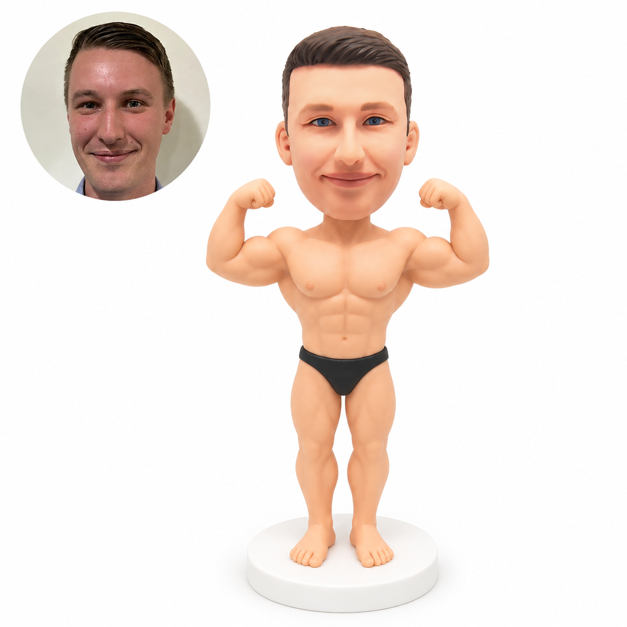 custom bobblehead figure male bodybuilder in black briefs flexing both arms