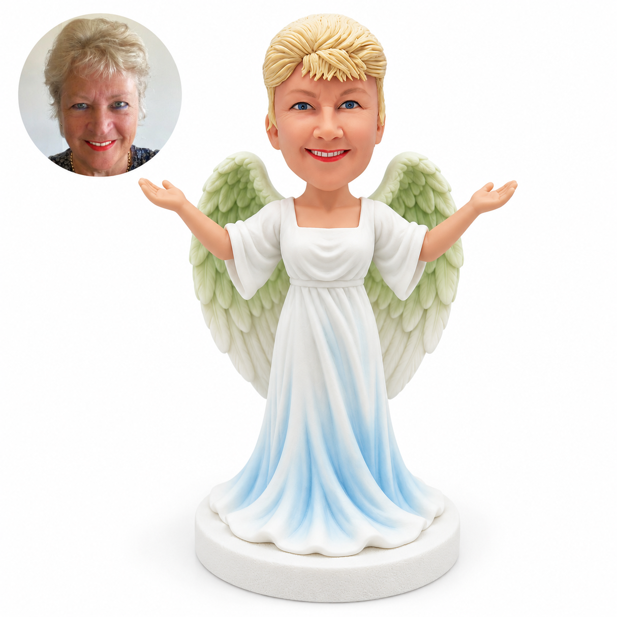 custom bobblehead figure female angel with both arms open and two feathered wings