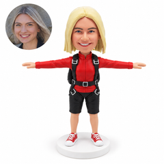 custom bobblehead figure female skydiver in shorts with both arms outstretched