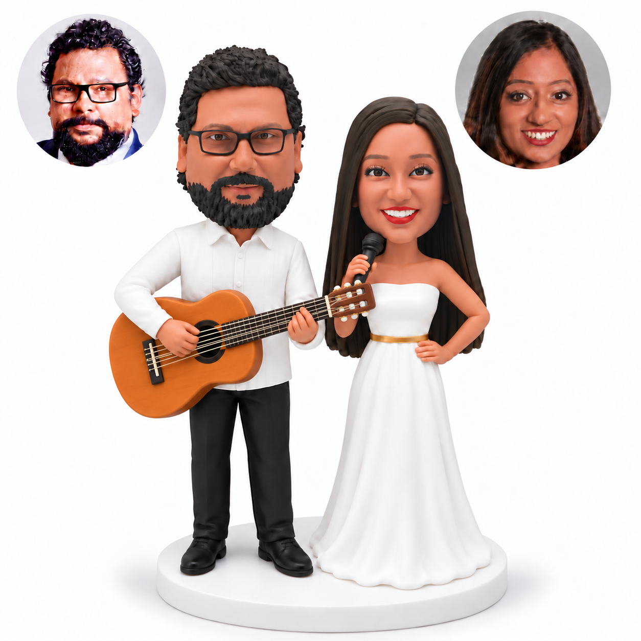 custom bobblehead figures guitarist in a white shirt and bride holding a microphone