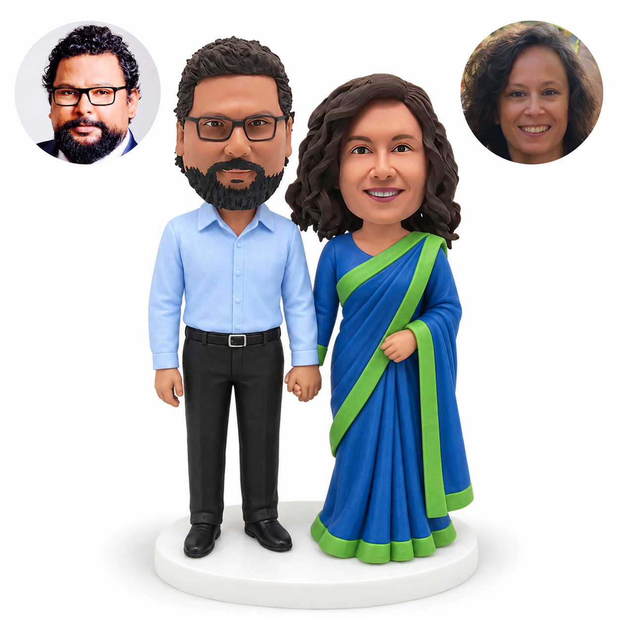custom bobblehead figures couple with a man in a collared shirt and a woman in a sari