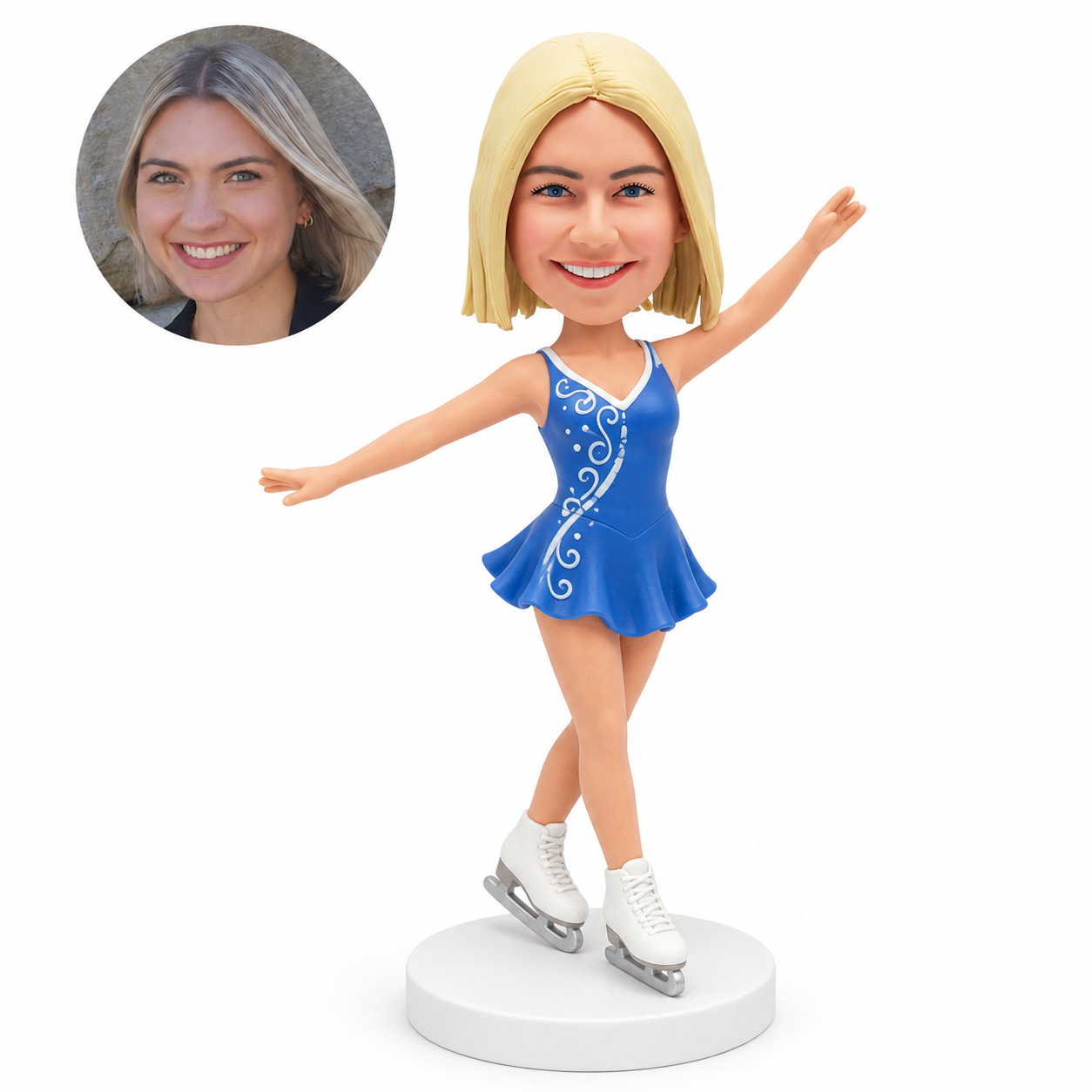 custom bobblehead figure female figure skater in a blue dress with crossed legs
