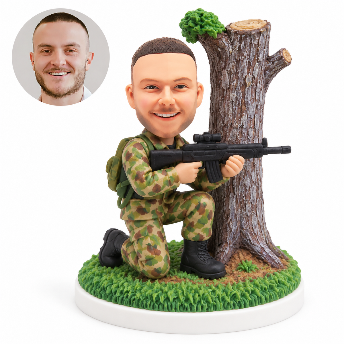 custom bobblehead figure soldier kneeling beside a tree with a miniature rifle