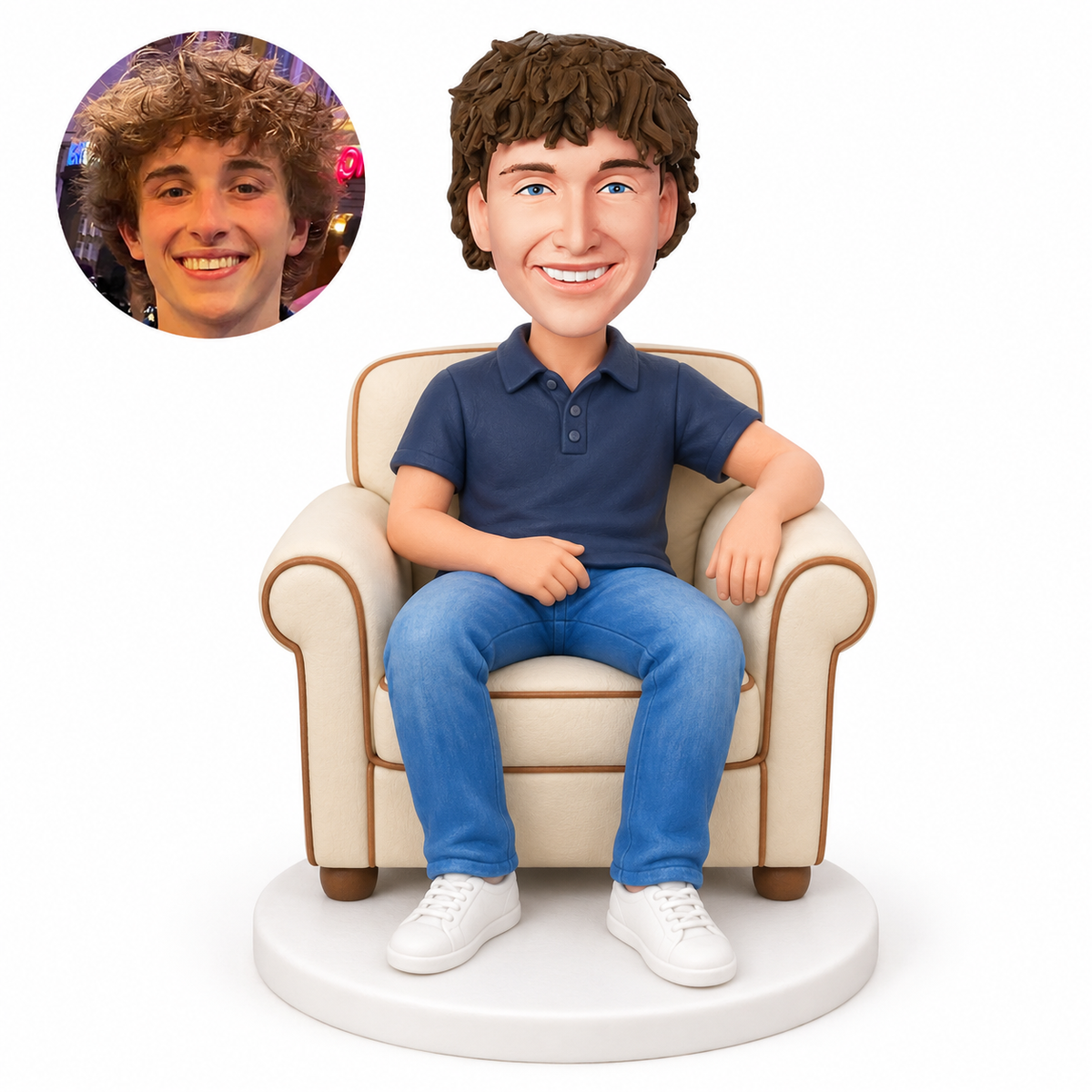 custom bobblehead figure casual man in a polo and full jeans seated in an armchair