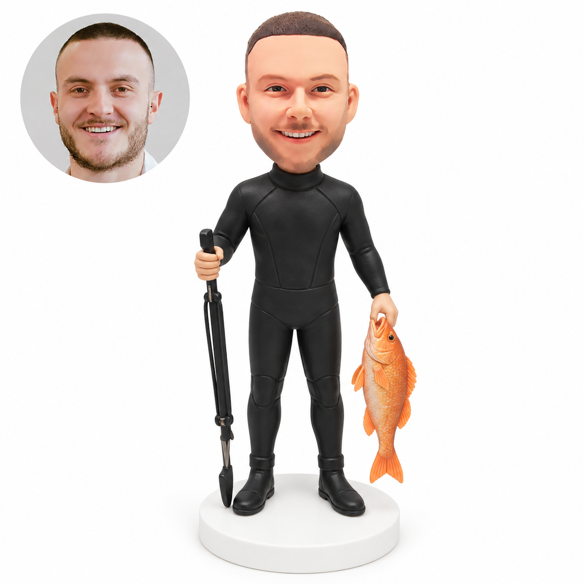 custom bobblehead figure scuba diver holding a speargun and a fish