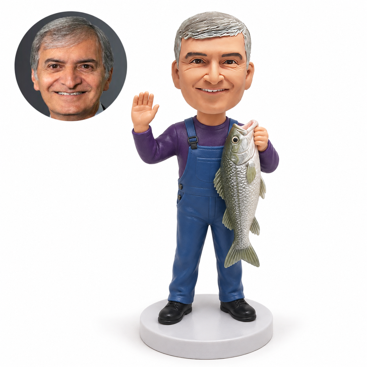 custom bobblehead figure fisherman in bib overalls holding a large fish