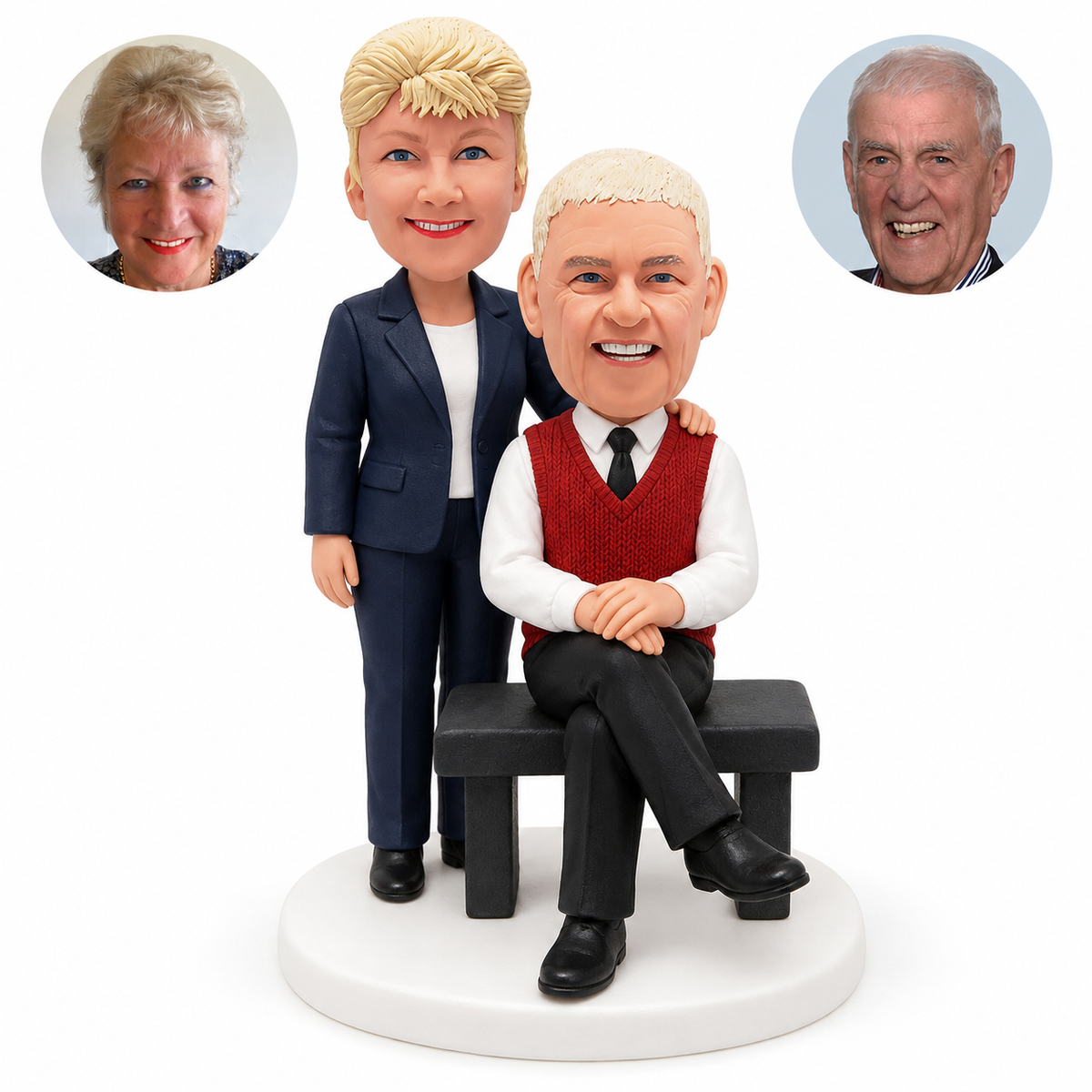 custom bobblehead figures couple with the man seated on a bench and the woman standing behind