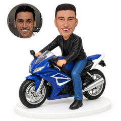 custom bobblehead figure motorcycle rider in a leather jacket and jeans