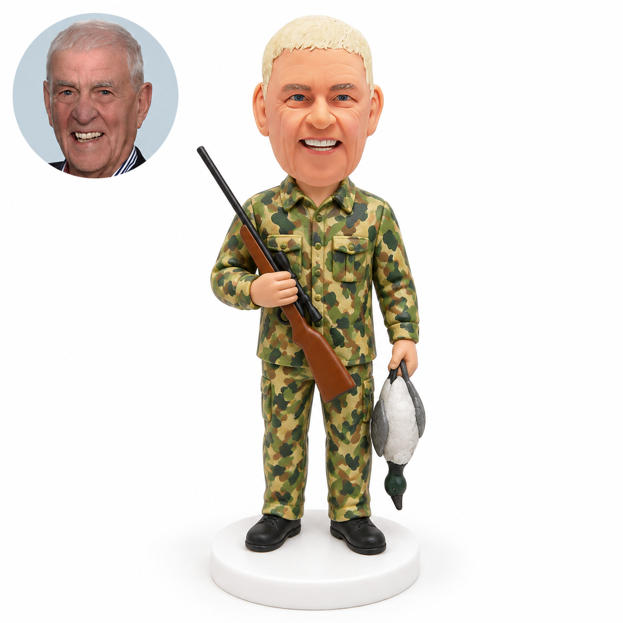 custom bobblehead figure hunter in camouflage holding a rifle and a waterfowl