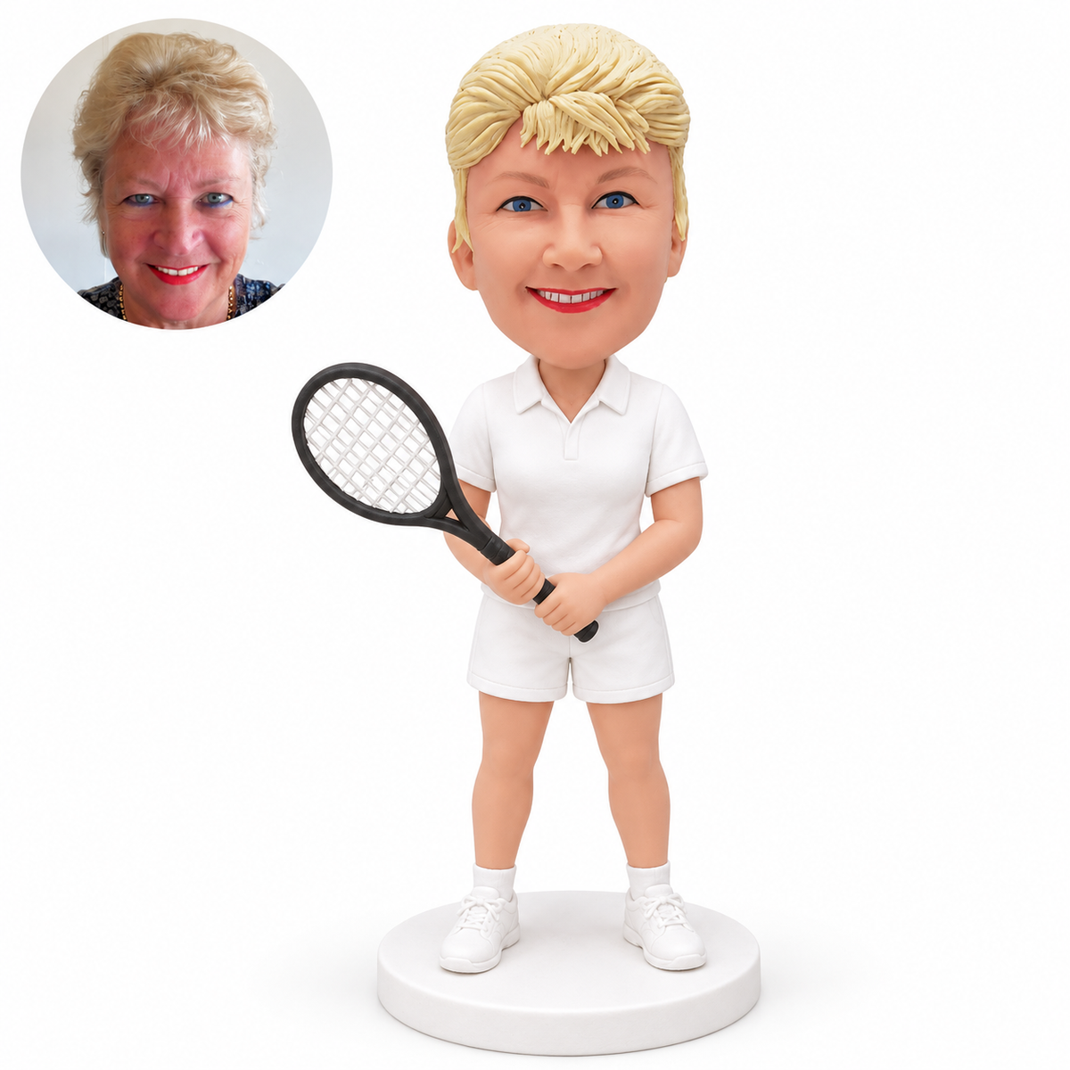 custom bobblehead figure female tennis player in a polo shirt and shorts