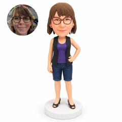 custom bobblehead figure woman in a tank top and waistcoat with denim shorts