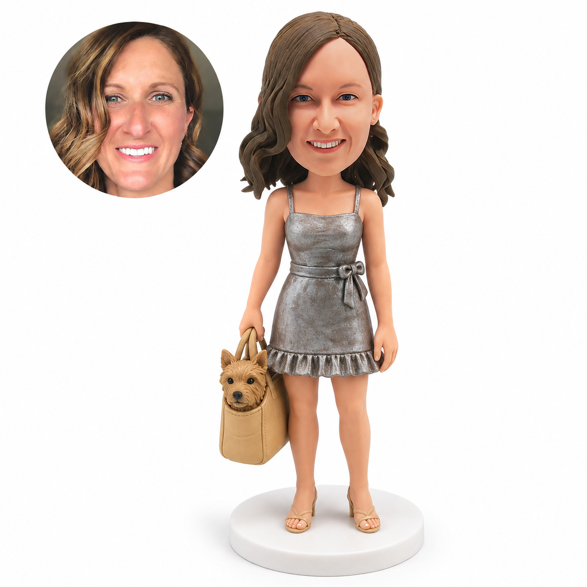 custom bobblehead figure woman in a short dress carrying a small dog in a bag