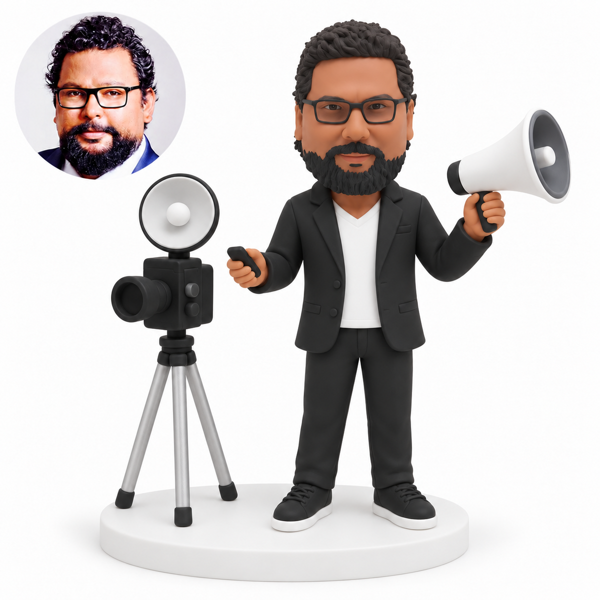 custom bobblehead figure film director in a jacket with a tripod camera and a megaphone