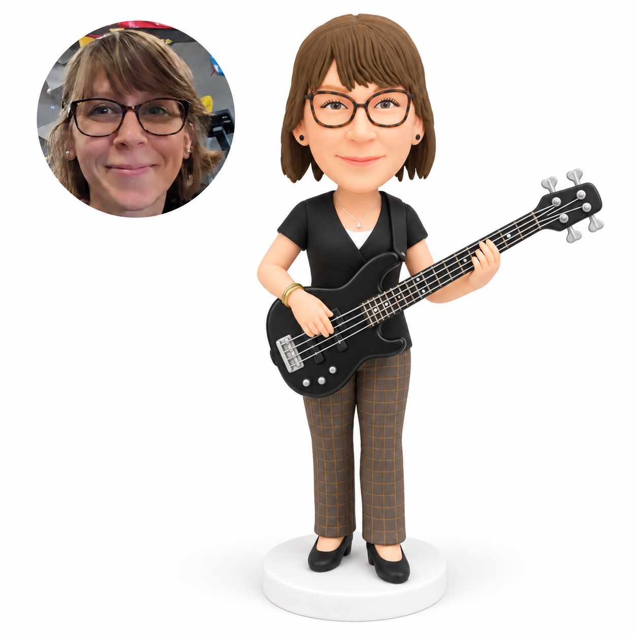 custom bobblehead figure female bassist in a V-neck top and full trousers playing a four-string electric bass