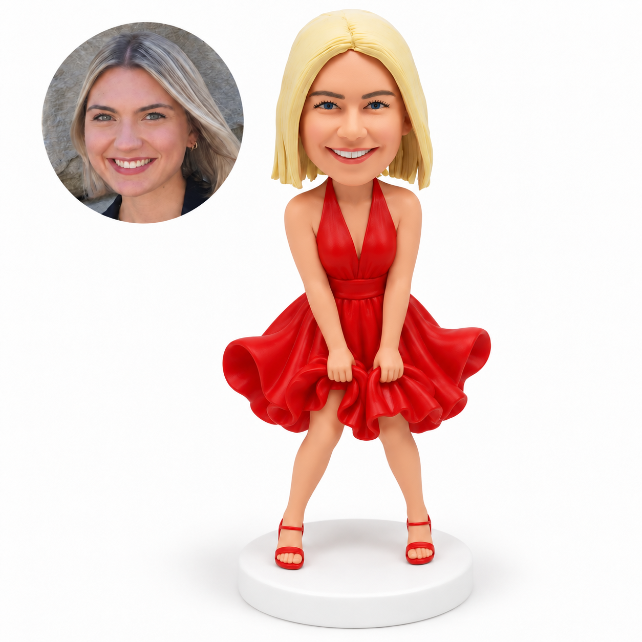 custom bobblehead figure woman in a halter dress holding the billowing skirt hem