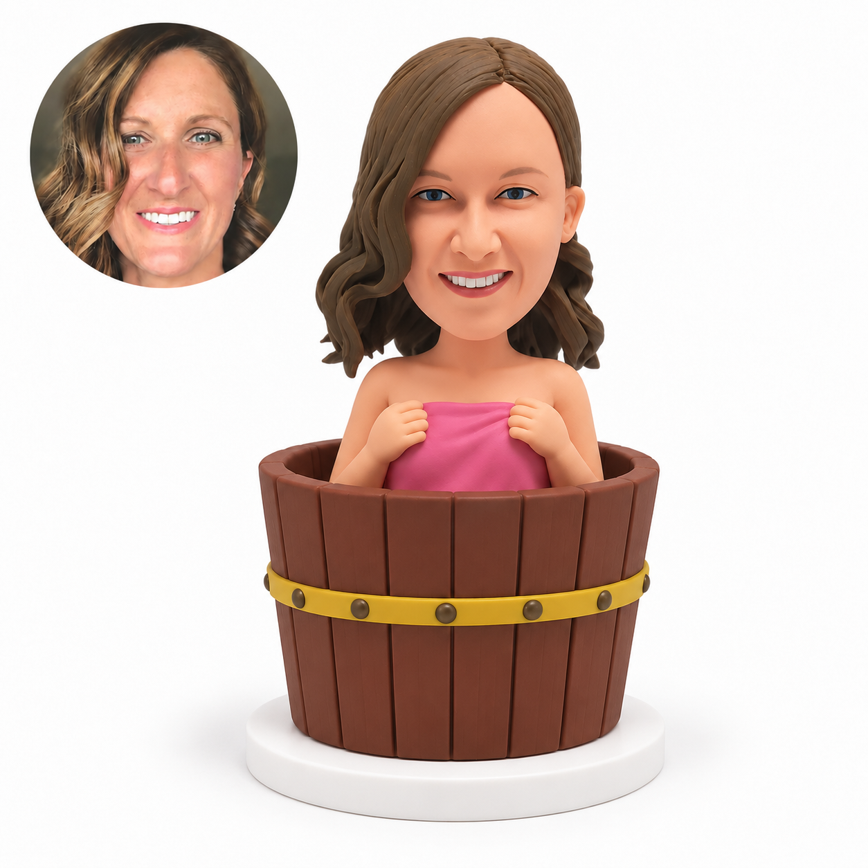 custom bobblehead figure woman in a pink bathing wrap sitting in a wooden tub