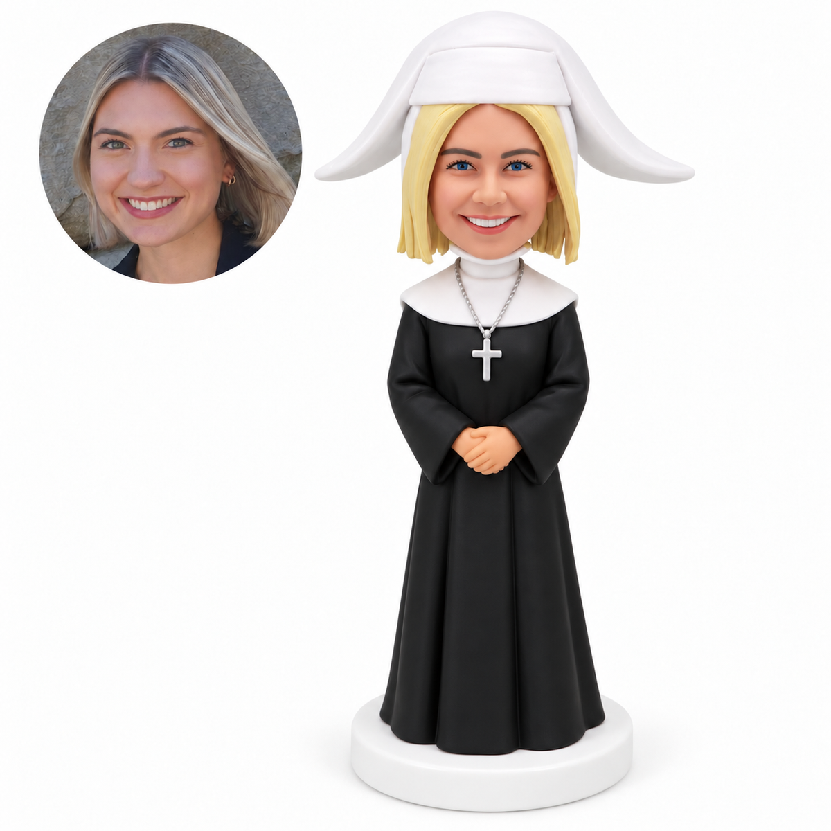 custom bobblehead figure nun in a long habit with a white winged headdress