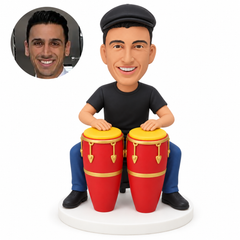 custom bobblehead figure man in a T-shirt seated playing two conga drums
