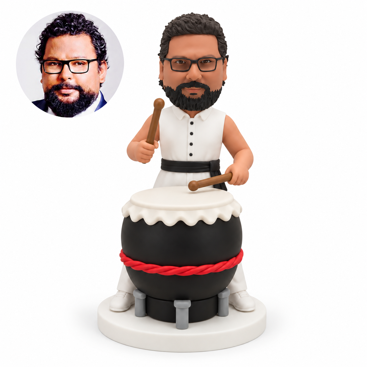 custom bobblehead figure man in a sleeveless martial arts outfit playing a large barrel drum