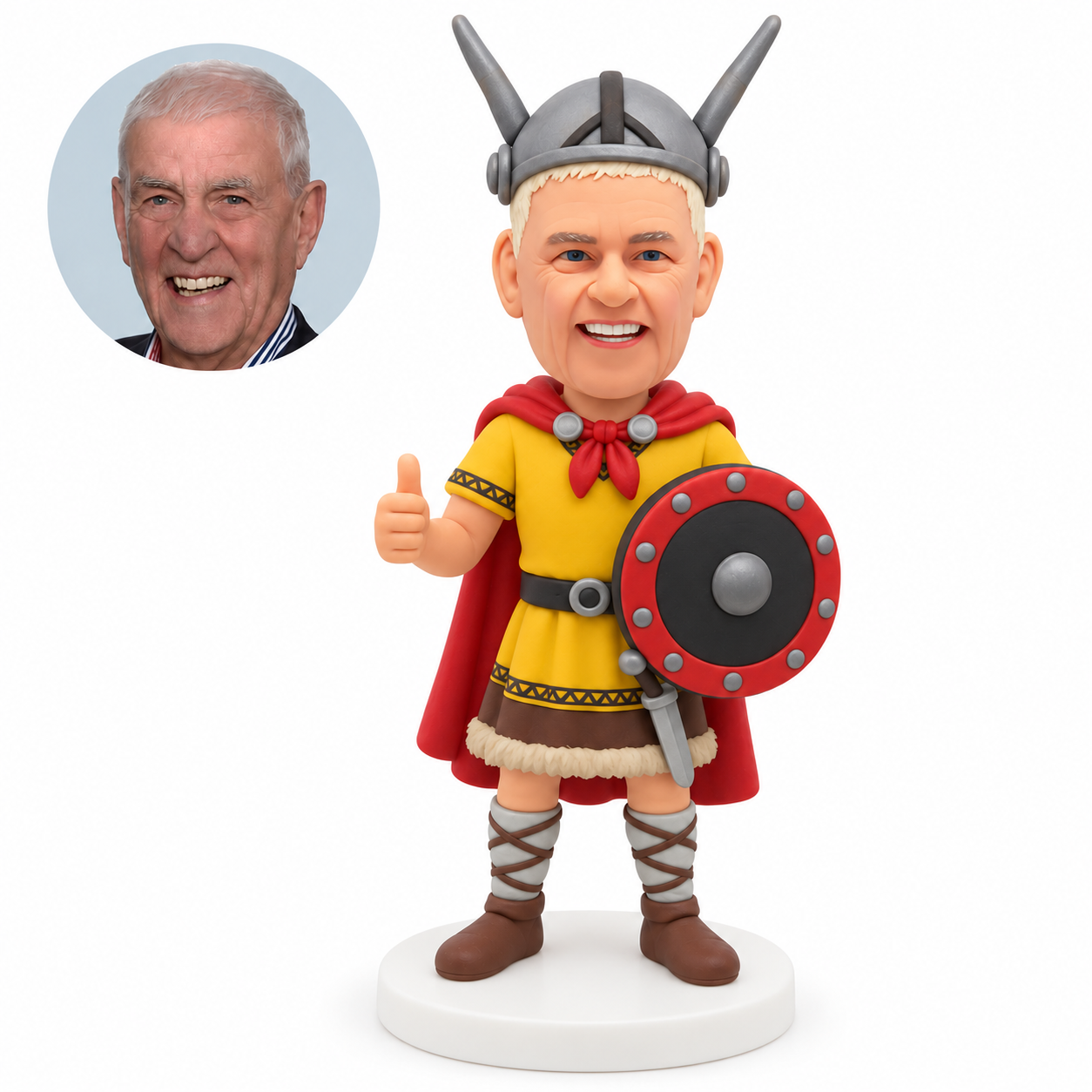 custom bobblehead figure man in a Viking outfit with a cape and round shield