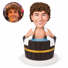 custom bobblehead figure man holding a white towel while sitting in a wooden bathing tub