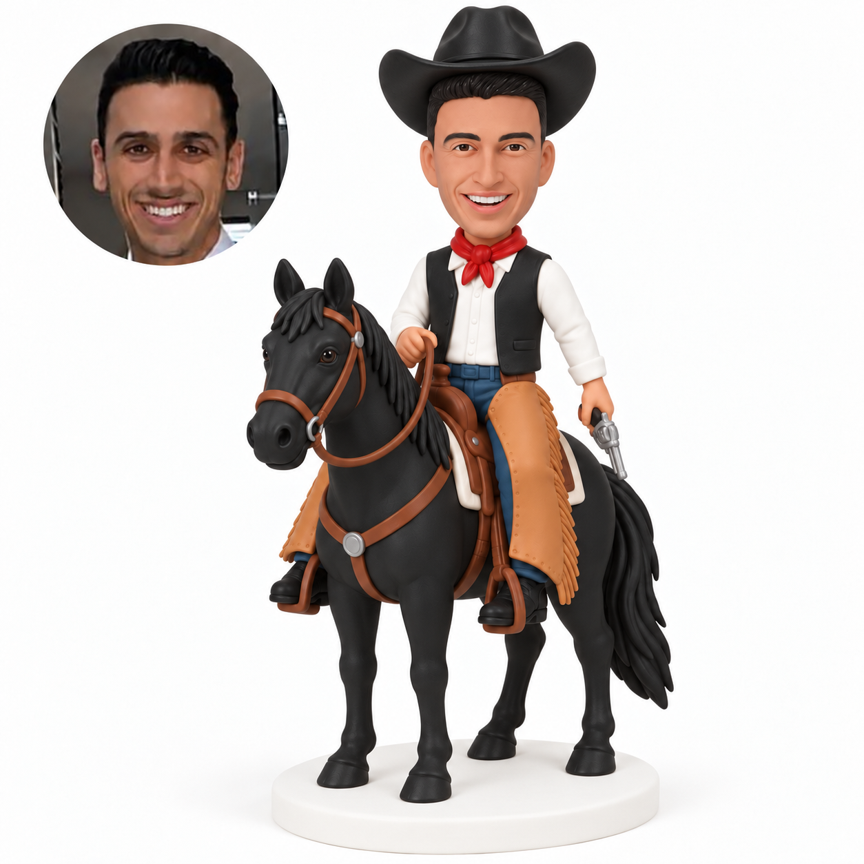 custom bobblehead figure cowboy in a vest and chaps riding a standing horse