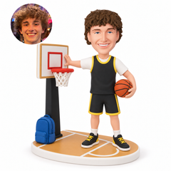 custom bobblehead figure male basketball player standing beside a hoop on a half-court base