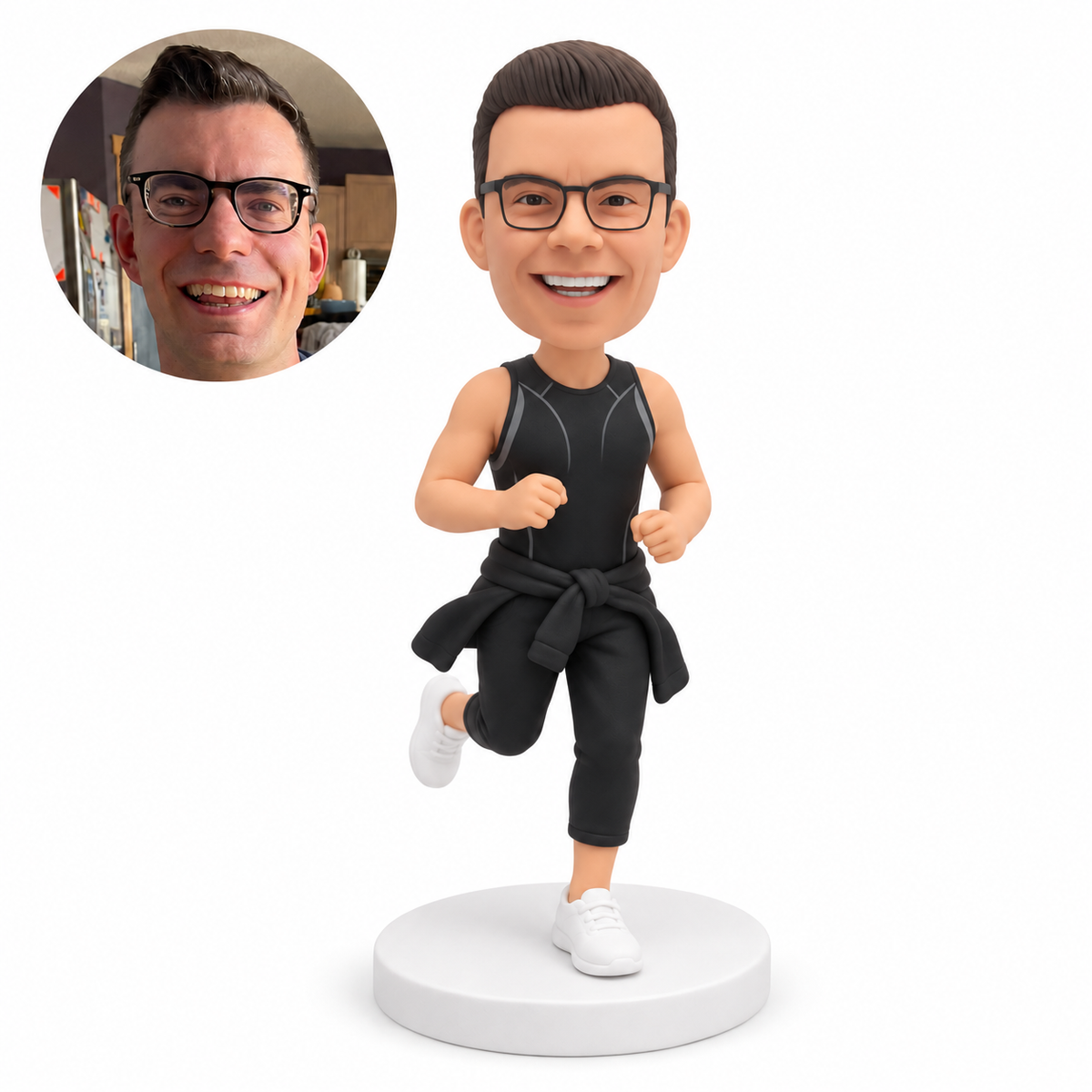 custom bobblehead figure male runner in a sleeveless top and cropped joggers with a jacket tied at his waist