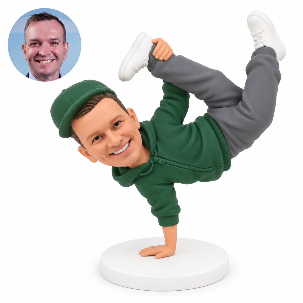 custom bobblehead figure male breakdancer in a hoodie and trousers balancing on one hand