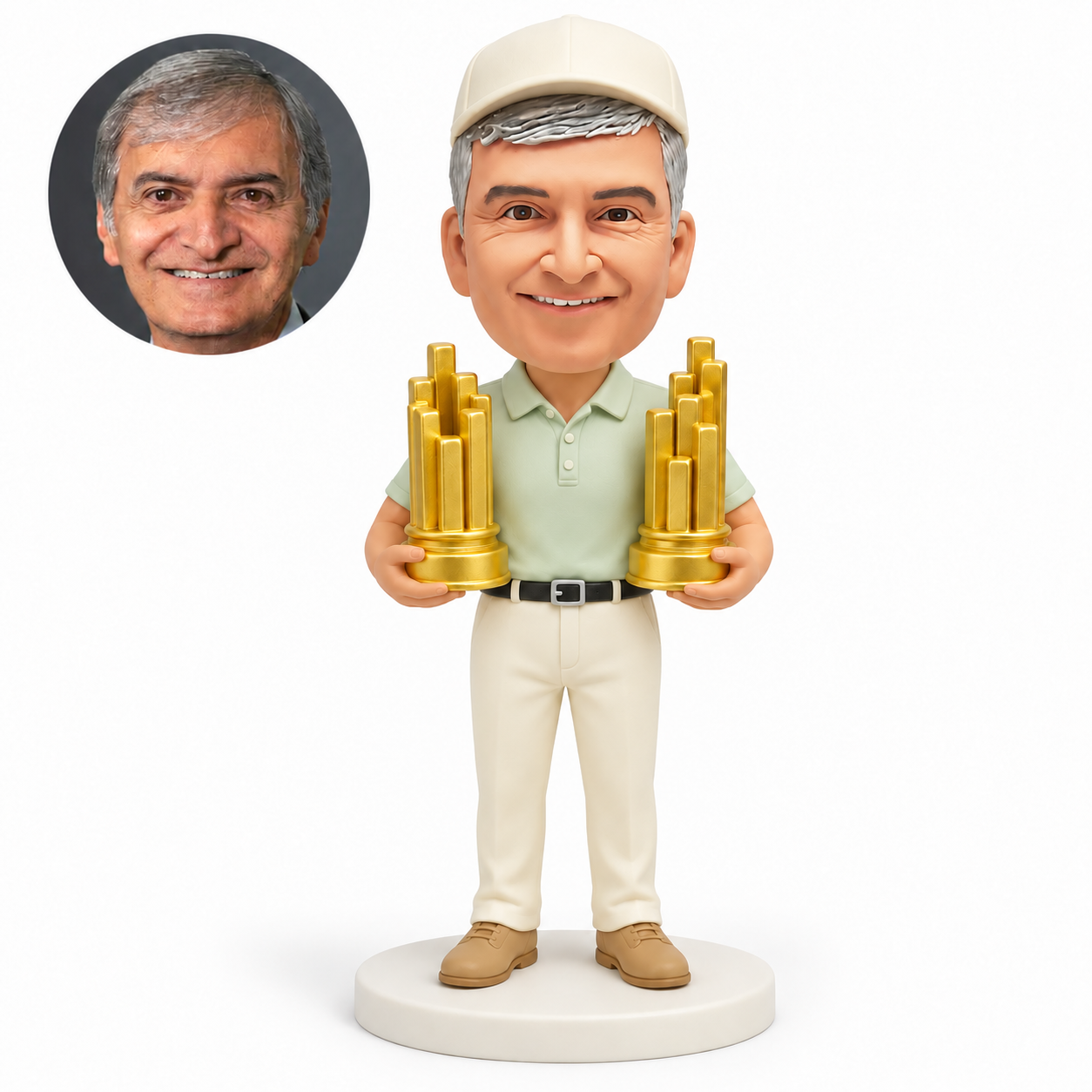 custom bobblehead figure male sports coach in a polo shirt holding two large golden column trophies
