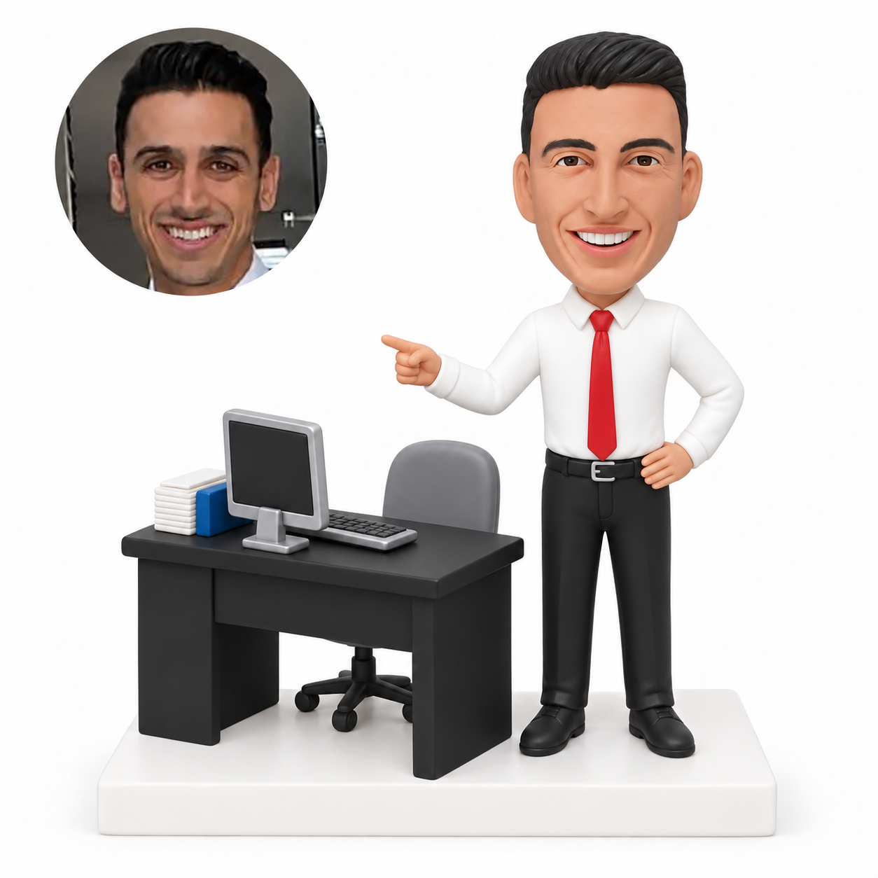 custom bobblehead figure male boss in a shirt and tie standing beside a computer desk and chair