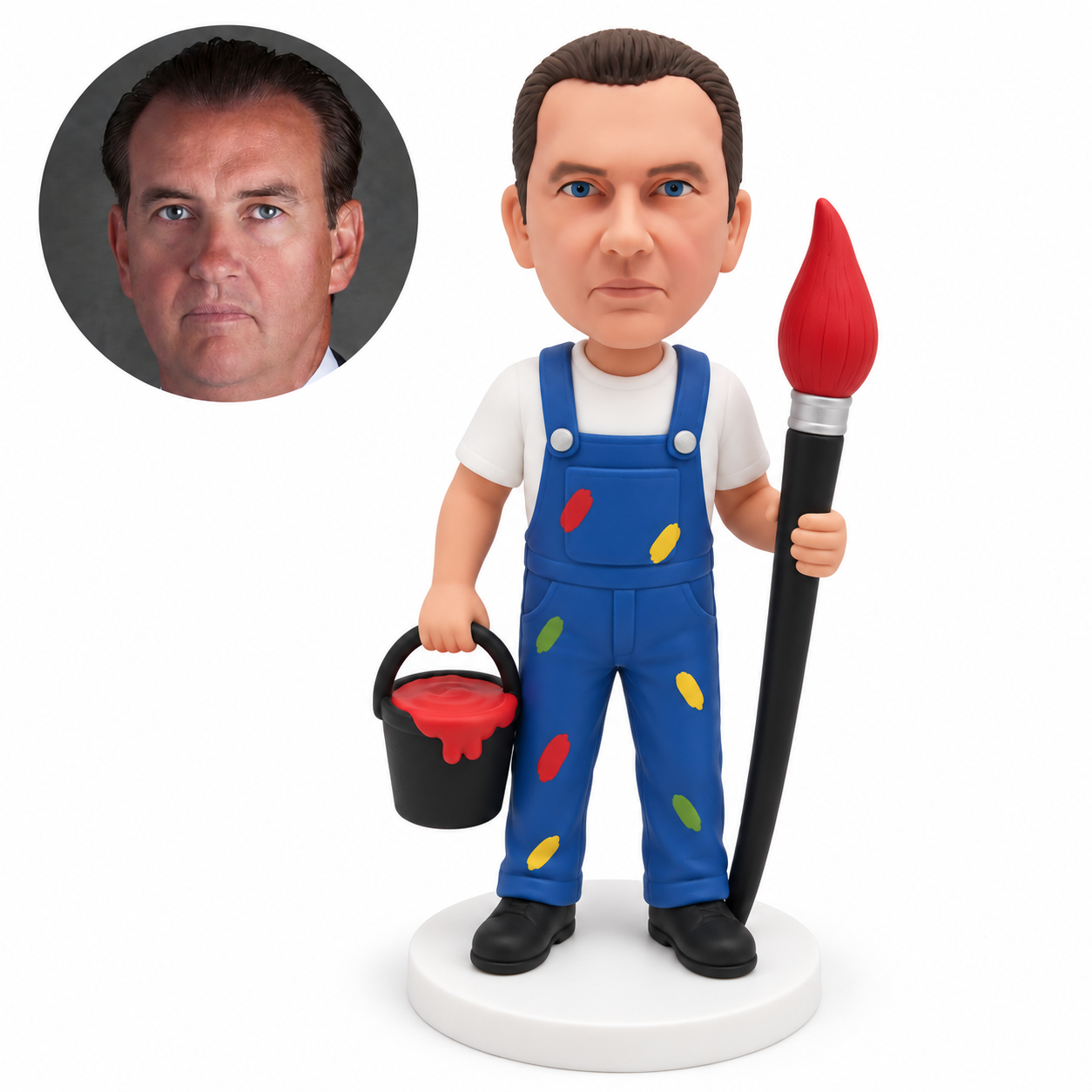 custom bobblehead figure male painter in bib overalls holding an oversized paintbrush and paint bucket
