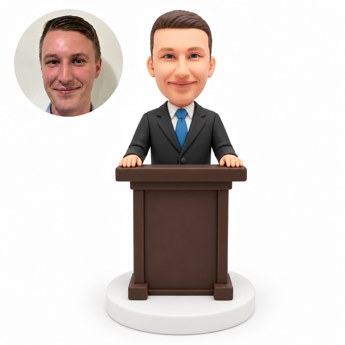 custom bobblehead figure male speaker in a suit and tie standing behind a wide wooden lectern
