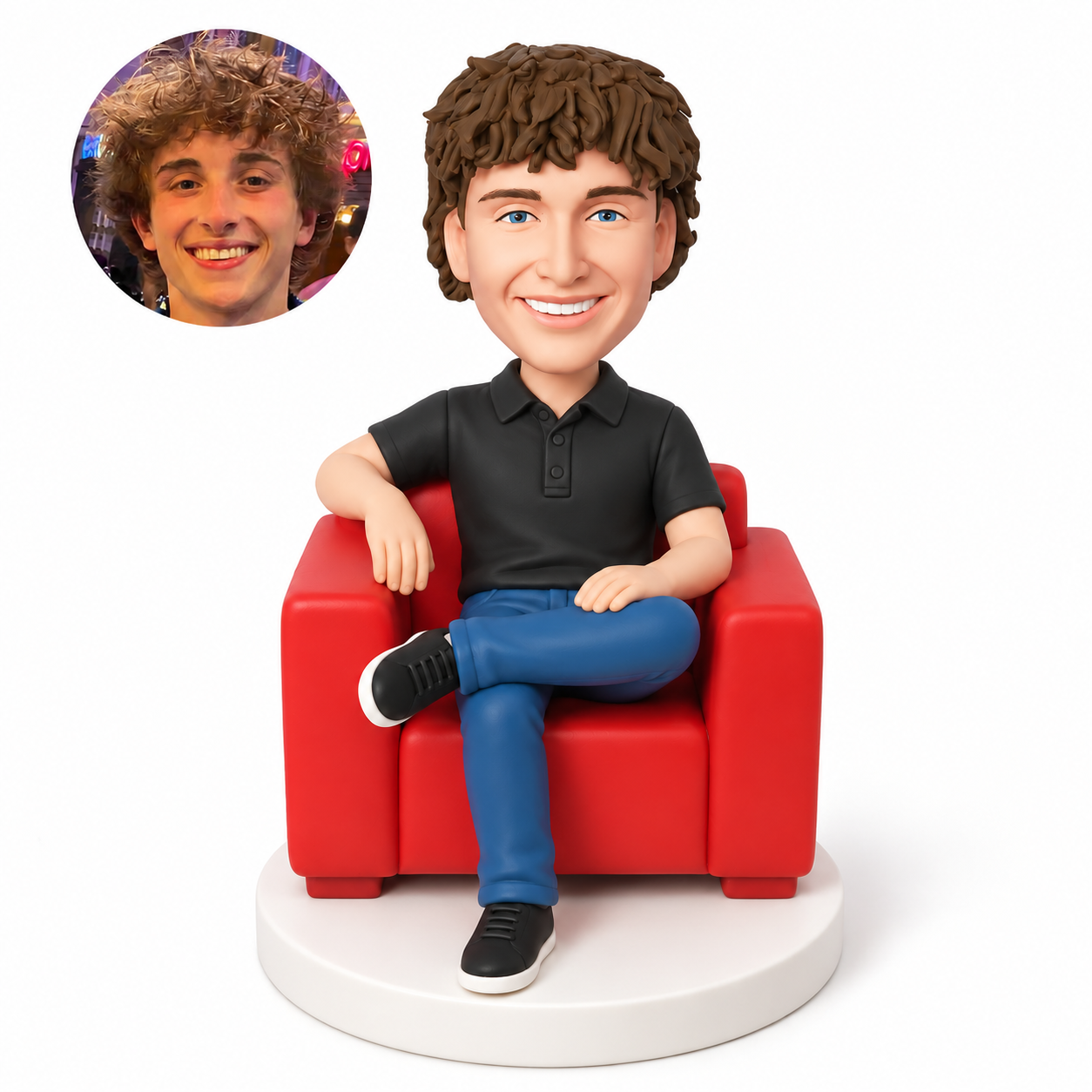 custom bobblehead figure male in a polo shirt and jeans seated with crossed legs in an armchair