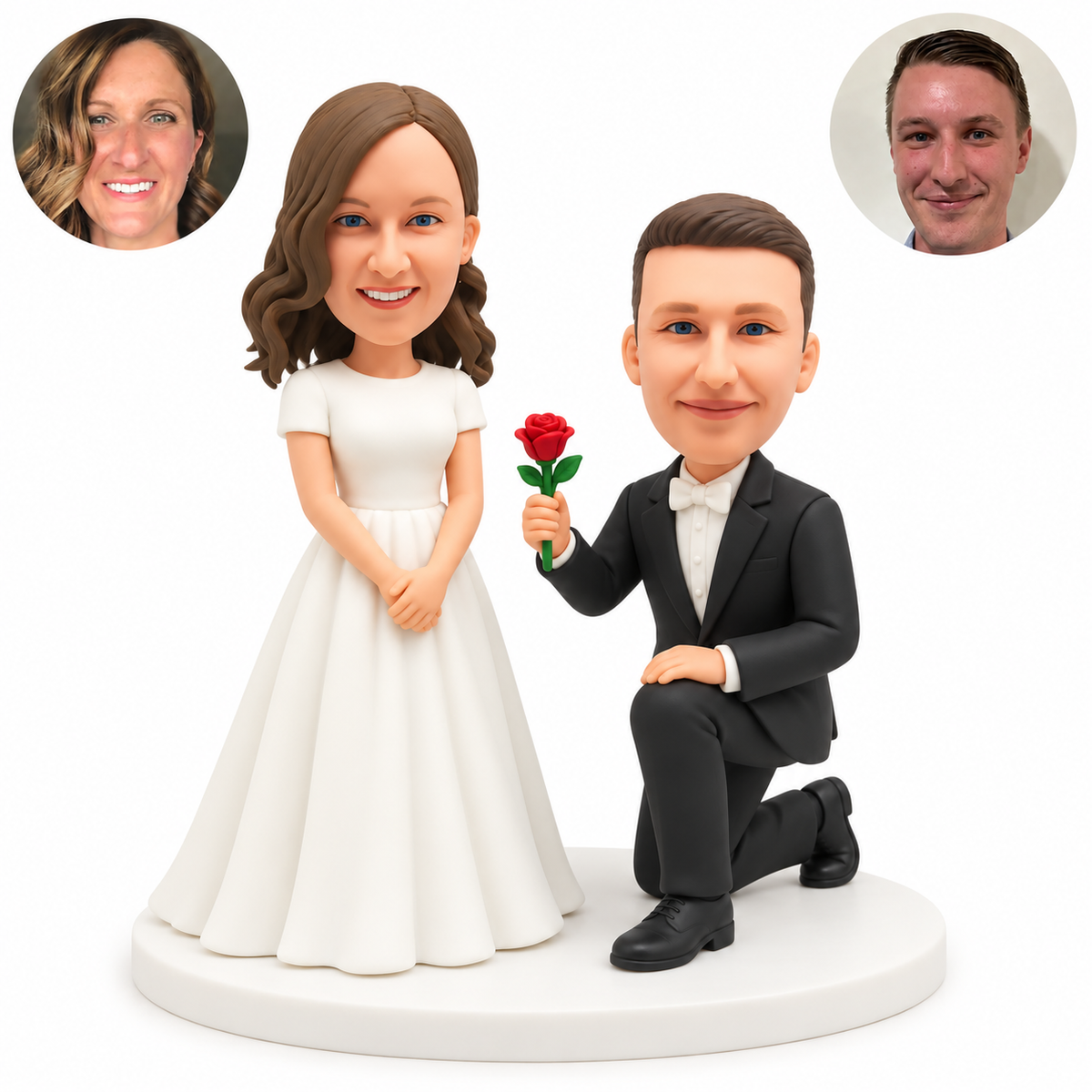 custom bobblehead figures wedding couple with a suited man kneeling and offering a rose to a standing bride