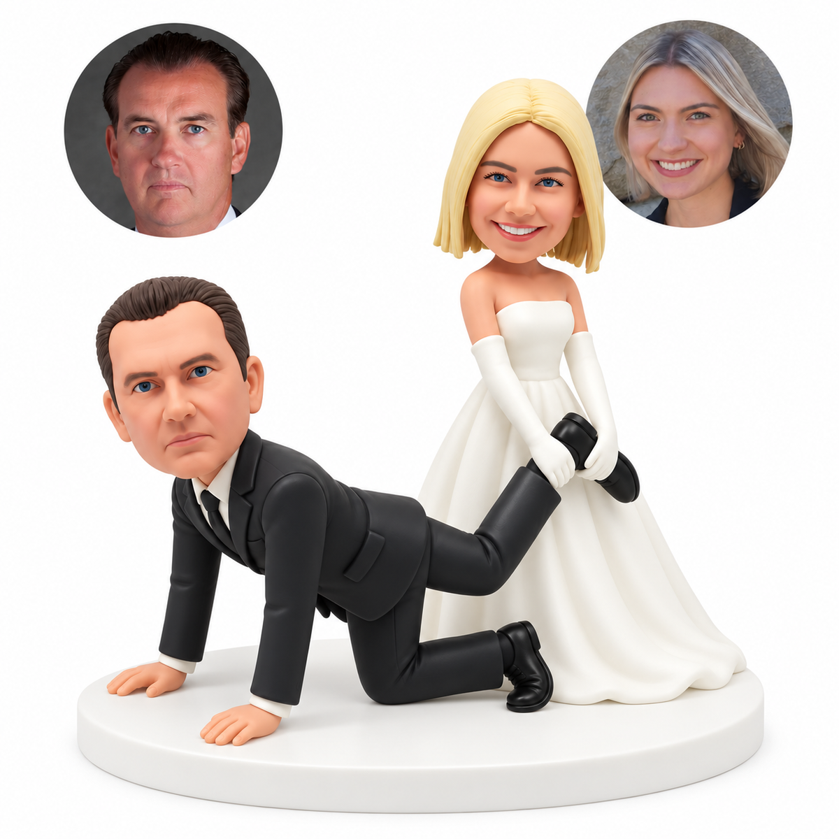 custom bobblehead figures funny wedding couple with the bride holding the ankle of a crawling groom