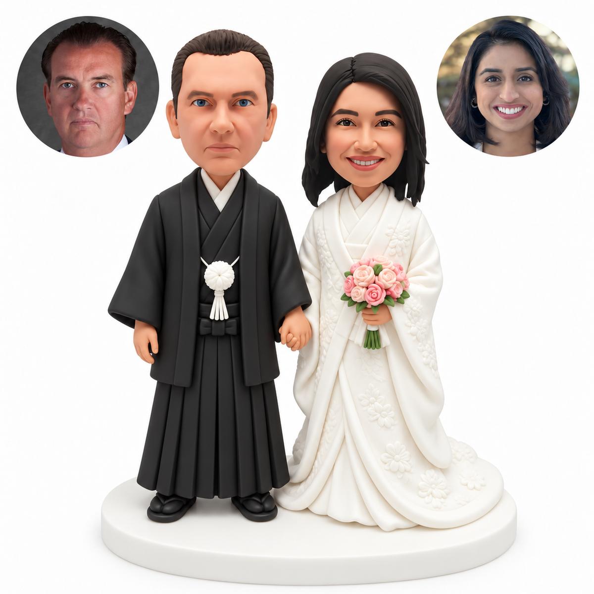custom bobblehead figures Japanese wedding couple with the man in a black haori and hakama and the woman in a white bridal kimono
