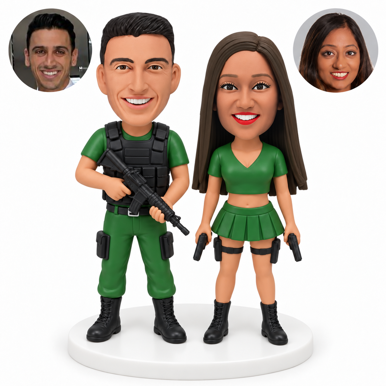 custom bobblehead figures jungle costume couple with the man in a tactical vest and trousers and the woman in a cropped top and short skirt
