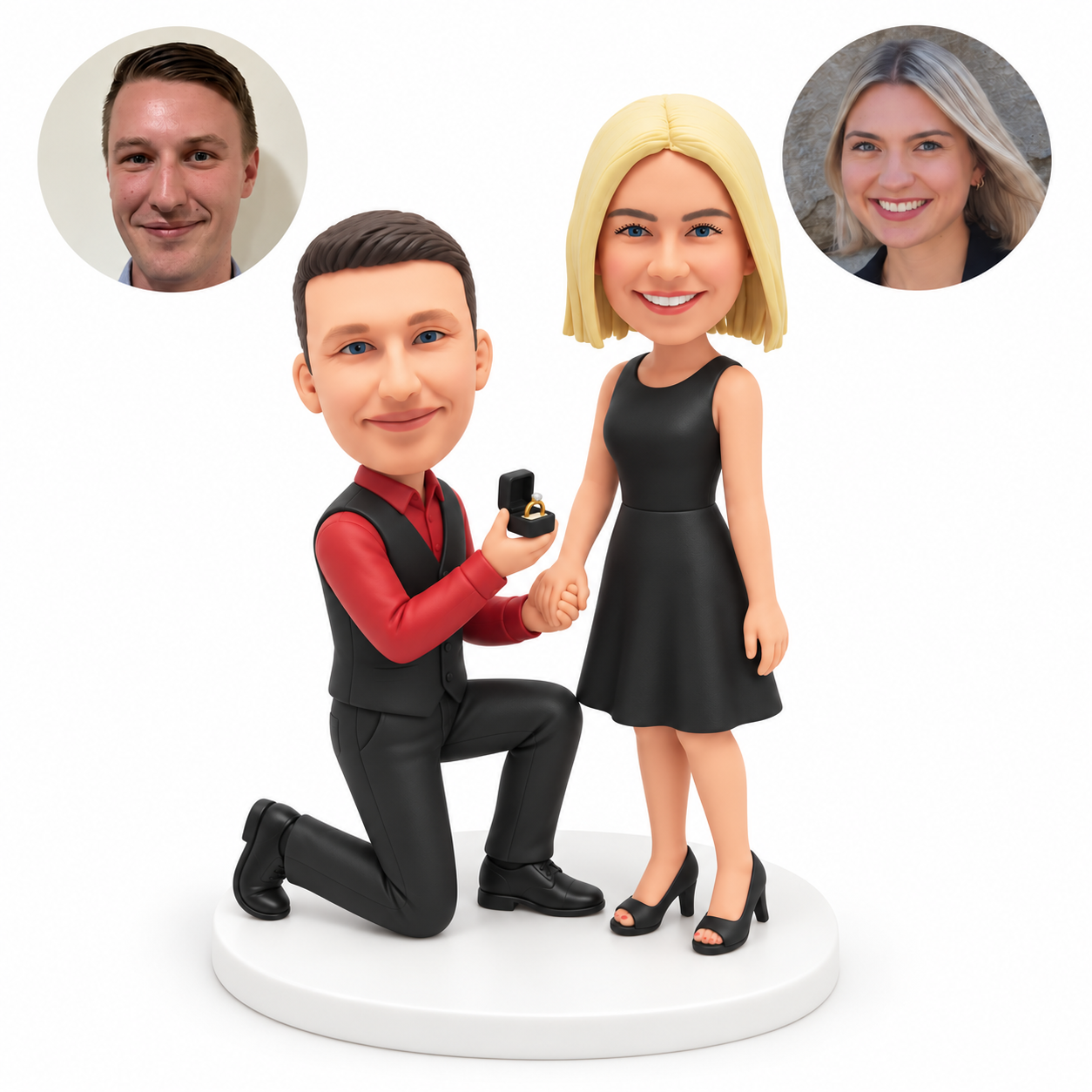 custom bobblehead figures couple with a man in a waistcoat kneeling and offering a ring to a woman in a sleeveless knee-length dress