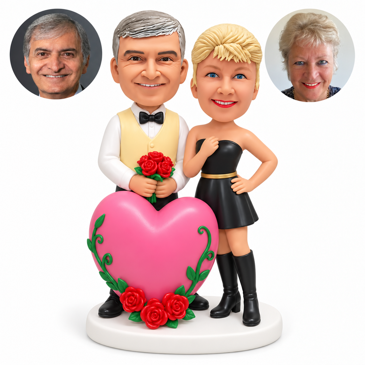 custom bobblehead figures couple standing behind a large heart with the man in a waistcoat and the woman in a short dress and tall boots