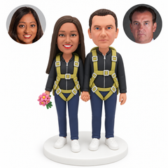 custom bobblehead figures skydiving couple in long trousers wearing full parachute harnesses