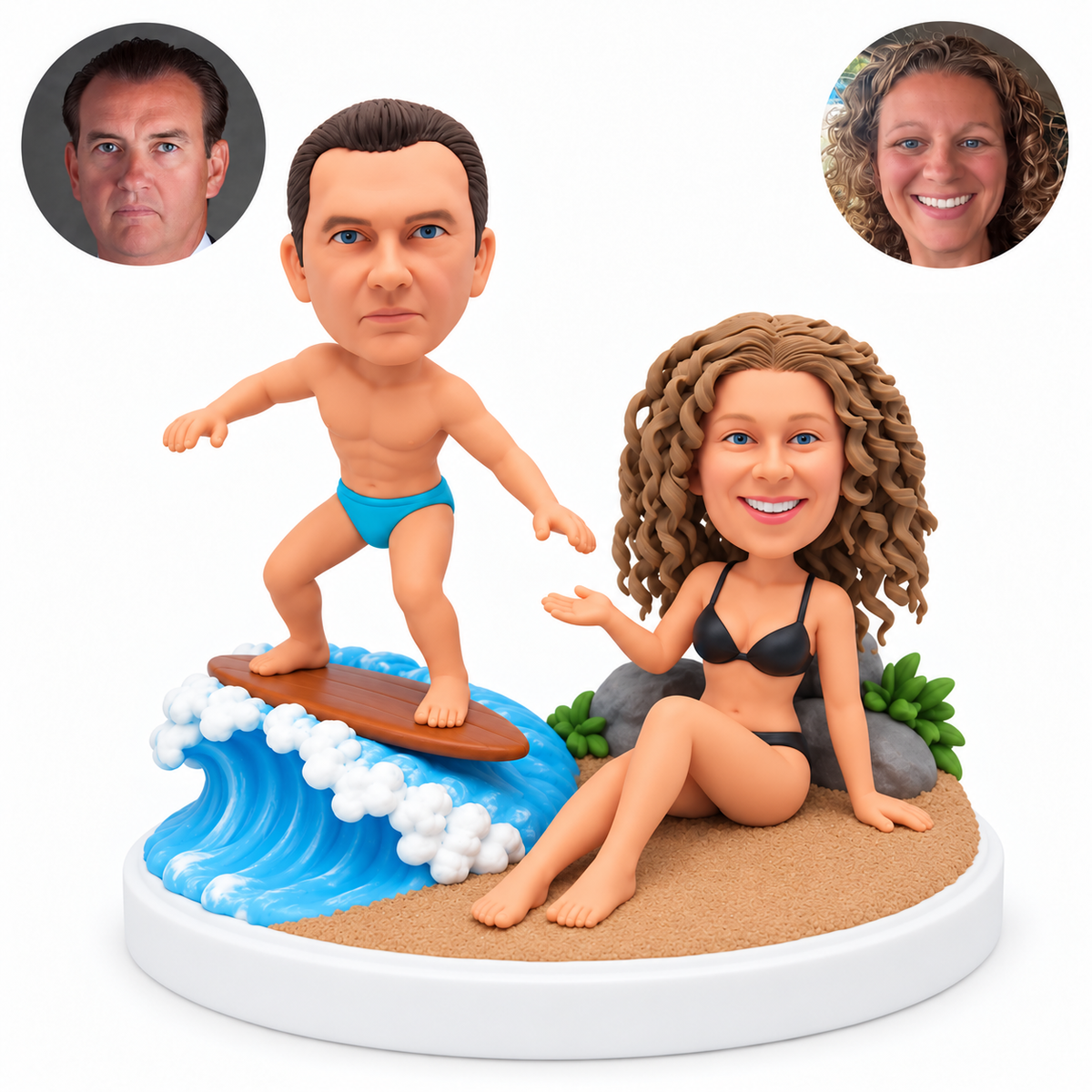 custom bobblehead figures beach couple with a man surfing on a wave and a woman seated in a bikini