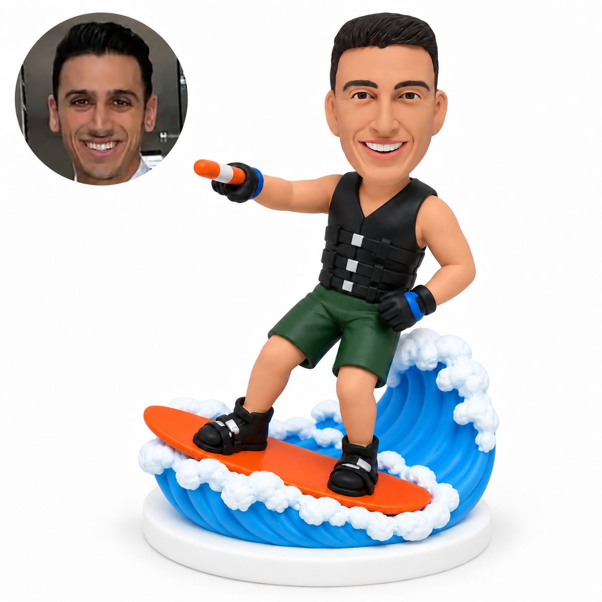 custom bobblehead figure man in a life vest and shorts riding a wakeboard over sculpted waves