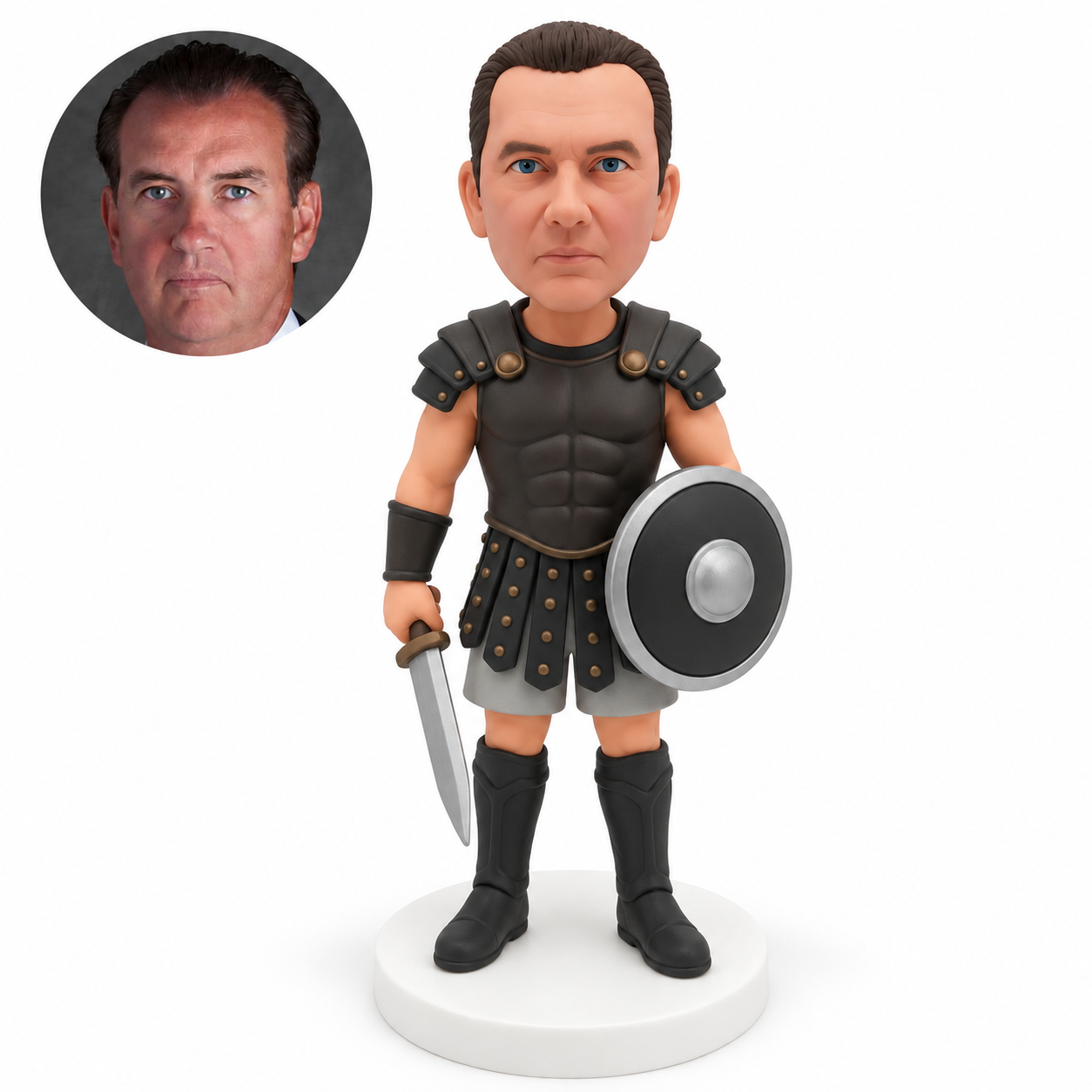 custom bobblehead figure ancient warrior in short-sleeved armor and shorts holding a round shield and a lowered sword