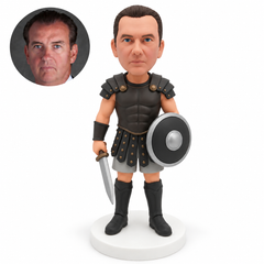 custom bobblehead figure ancient warrior in short-sleeved armor and shorts holding a round shield and a lowered sword