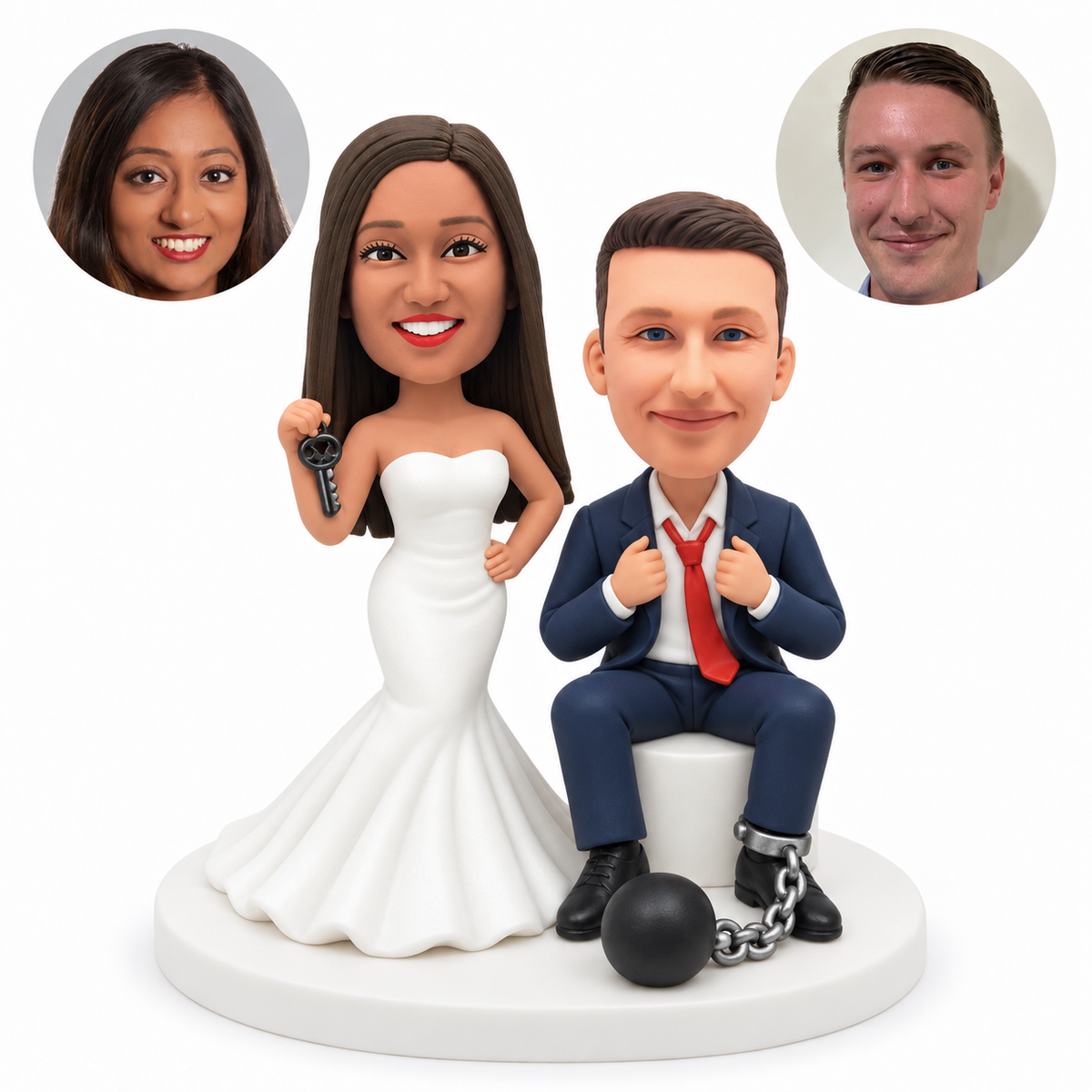 custom bobblehead figures standing bride beside a seated groom with a ball and chain around one ankle